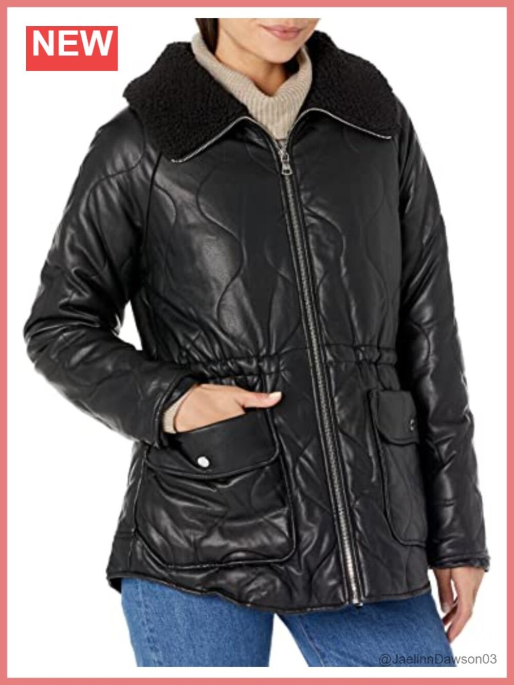 Quilted Faux Leather Belted Anorak Jacket Faux Fur Trim